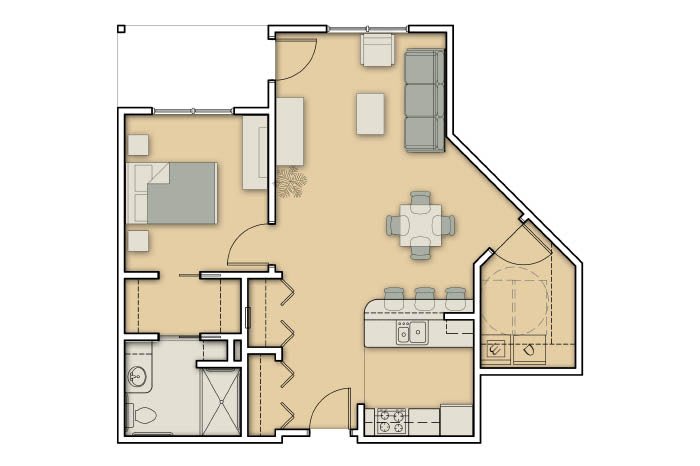 A detailed floor plan of an apartment showcasing the layout of rooms including a bedroom, living area, kitchen, and bathroom.
