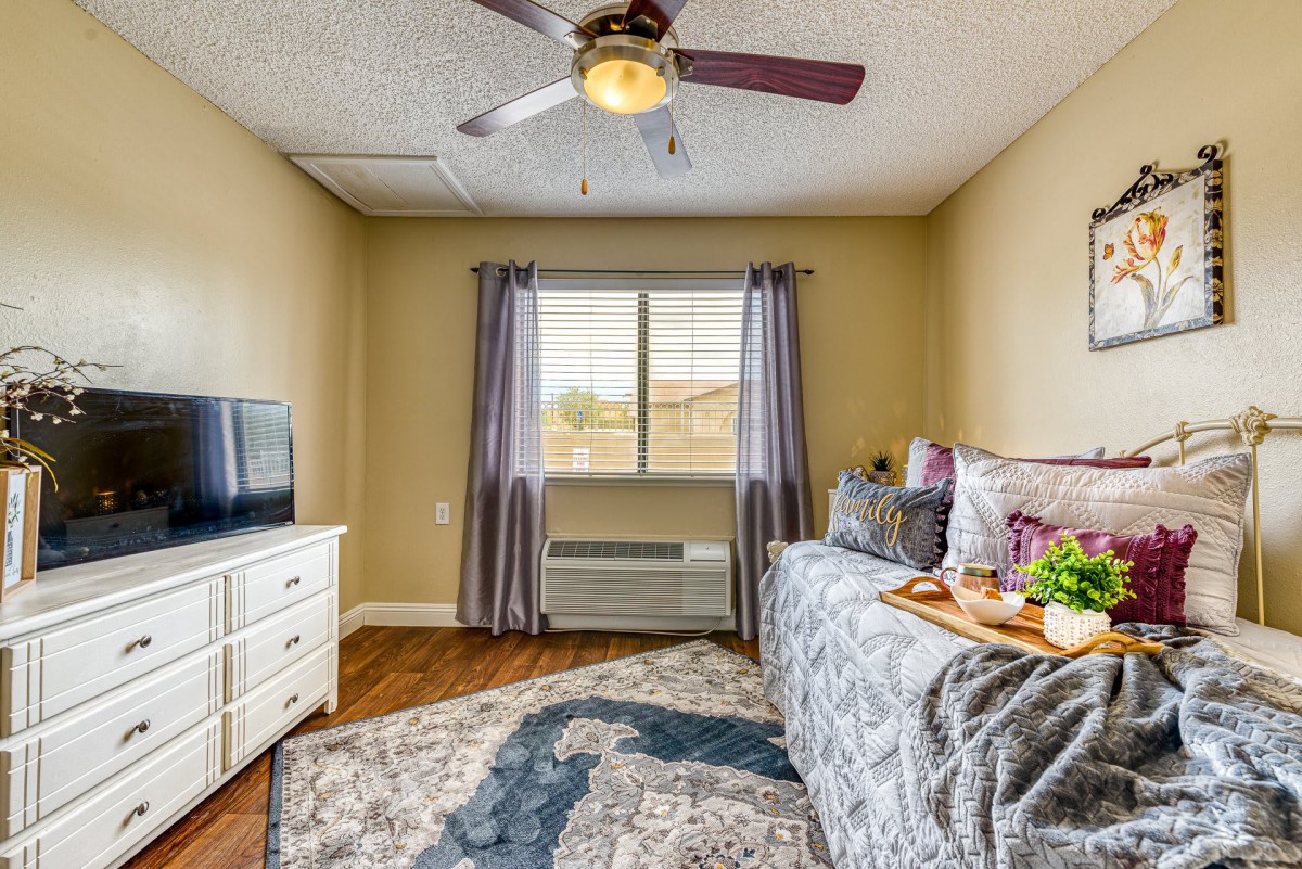 A cozy bedroom with a ceiling fan, television, and decorative elements, featuring a large window and comfortable furnishings.