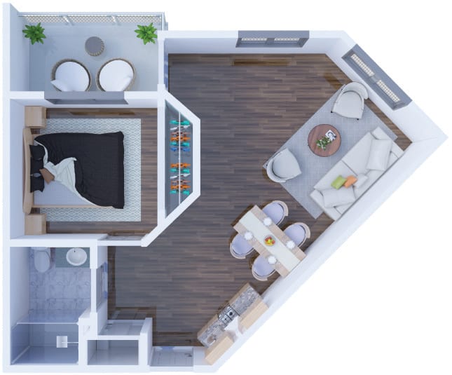 A modern apartment floor plan showcasing a bedroom, living room, and dining area.