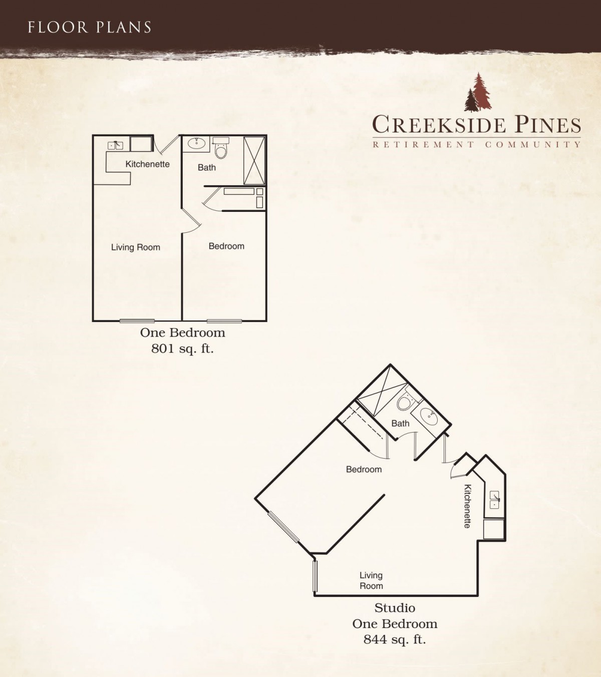 Floor plans for Creekside Pines featuring a one-bedroom and a studio apartment layout.