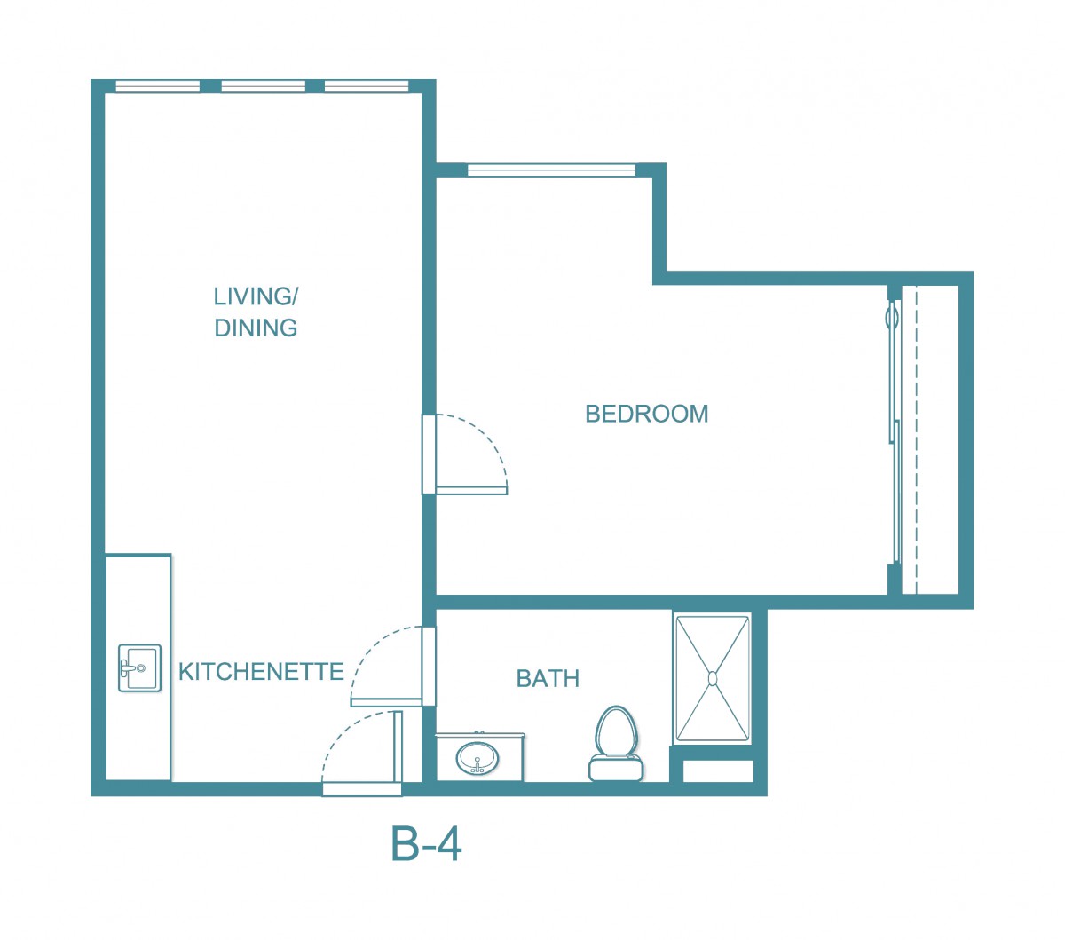 One-bedroom apartment floor plan with living area, kitchenette, and bathroom.