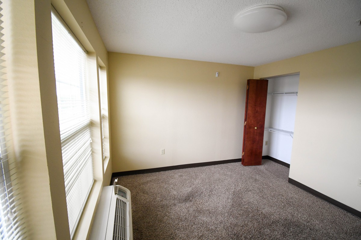An empty room with carpet flooring, a window allowing natural light, and a wooden wardrobe.