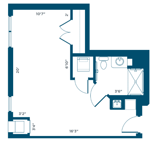 A floor plan layout of a small apartment featuring measurements and room divisions.