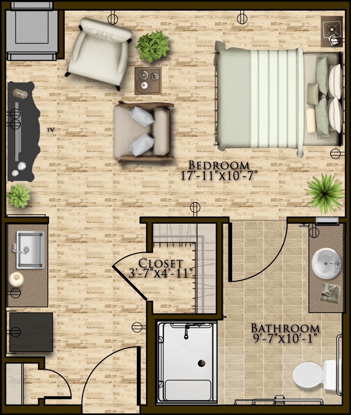 A detailed one-bedroom apartment floor plan featuring a living room, kitchen, and bathroom.