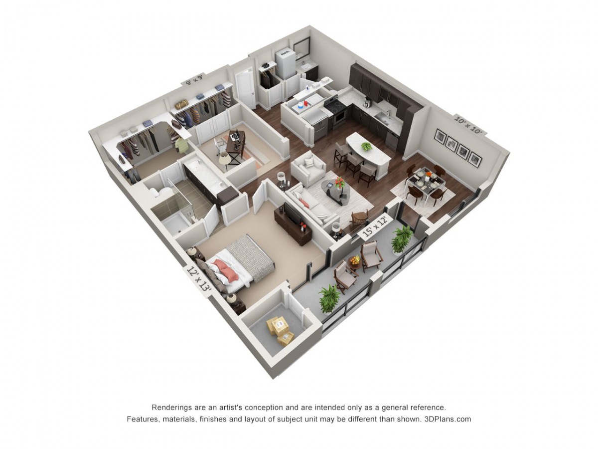 3D floor plan of a modern apartment, showcasing the layout and arrangement of rooms including a living room, kitchen, bedroom, and bathroom.
