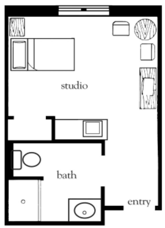 Studio apartment floor plan with bath and kitchen areas.