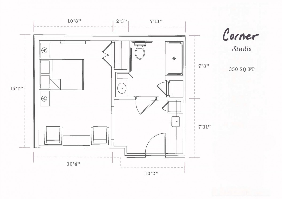 Compact studio apartment floor plan with designated areas for sleeping, relaxing, and a bathroom.