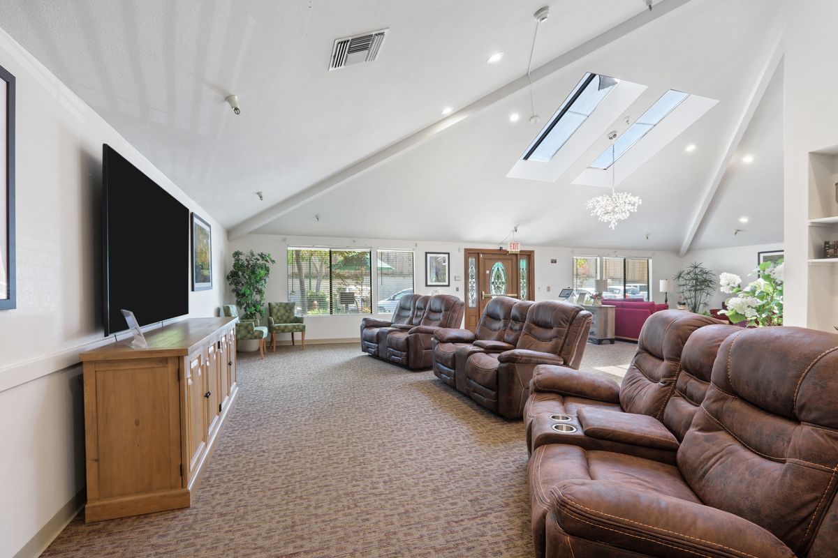 Spacious living room with leather recliners, large windows, and skylights, designed for home entertainment.