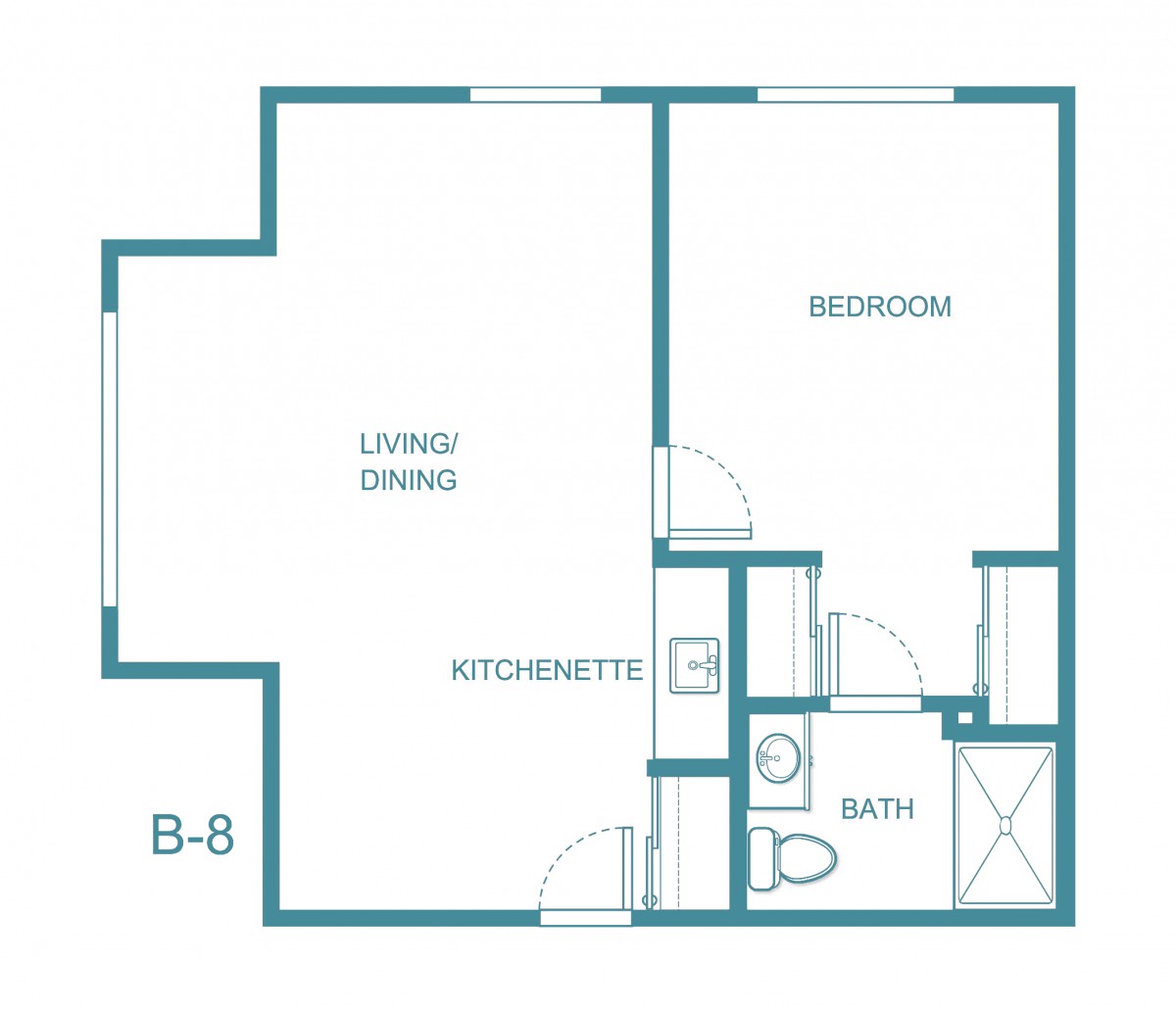 Blueprint of a one-bedroom apartment with kitchenette, living/dining area, and bath.