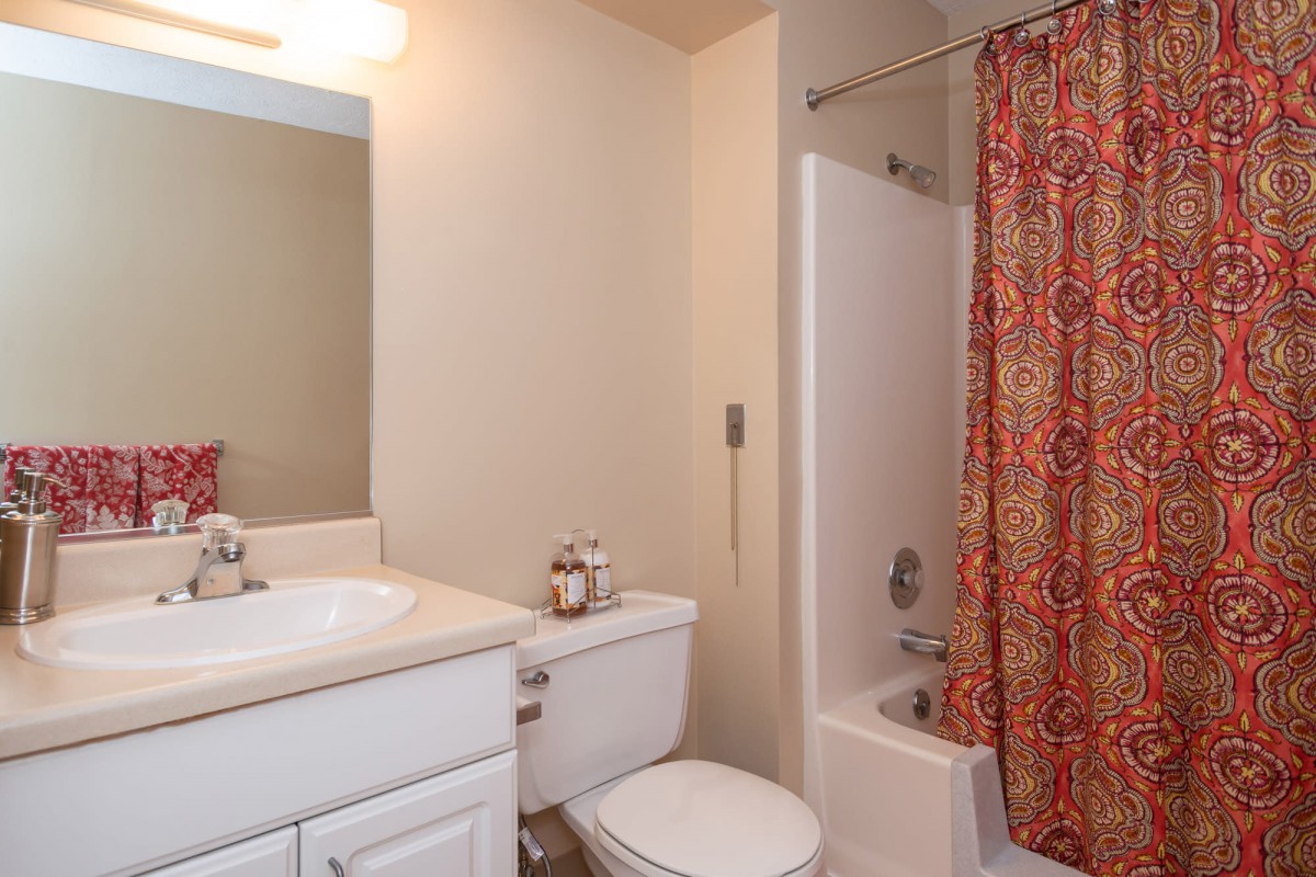 A simple bathroom with a sink, toilet, and shower with a patterned curtain.