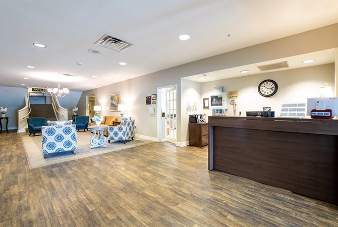 A welcoming lobby area with a reception desk and comfortable seating.