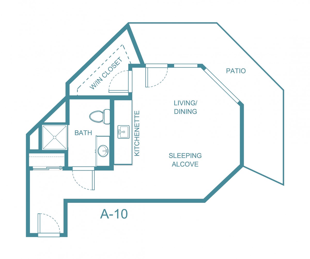 A blueprint of a studio apartment floor plan, labeled A-10, showing the arrangement of spaces including the kitchen, living/dining area, sleeping alcove, bath, and walk-in closet.