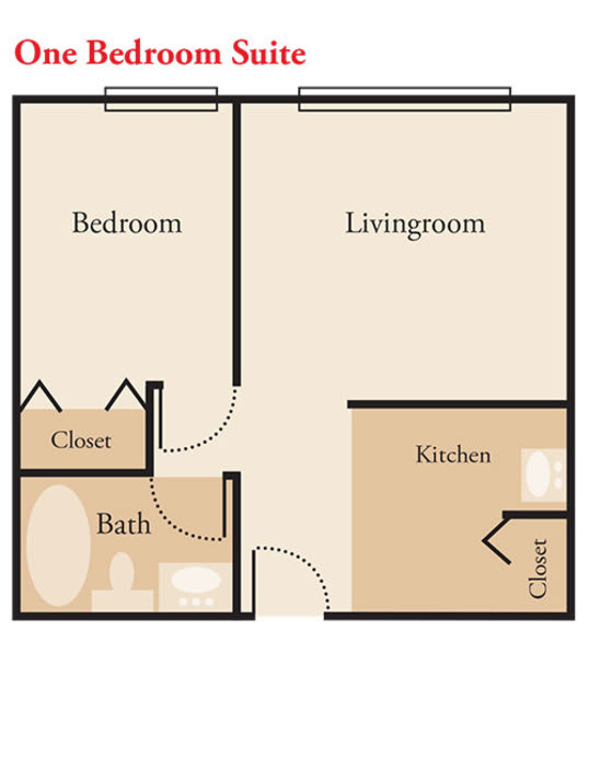 A floor plan of a one-bedroom apartment featuring a living room, kitchen, bathroom, and closet.