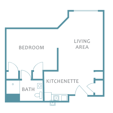 A floor plan of an apartment featuring a bedroom, living area, kitchenette, and bathroom.