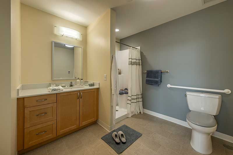 A modern bathroom with a wooden vanity, mirror, shower area, and toilet.