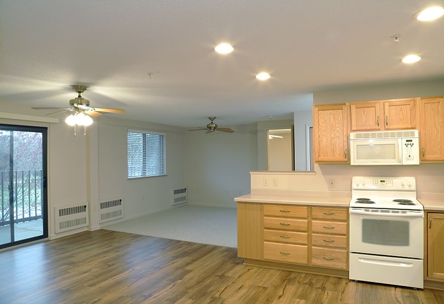 An open-concept apartment featuring a kitchen and living area with hardwood floors and ceiling fans.
