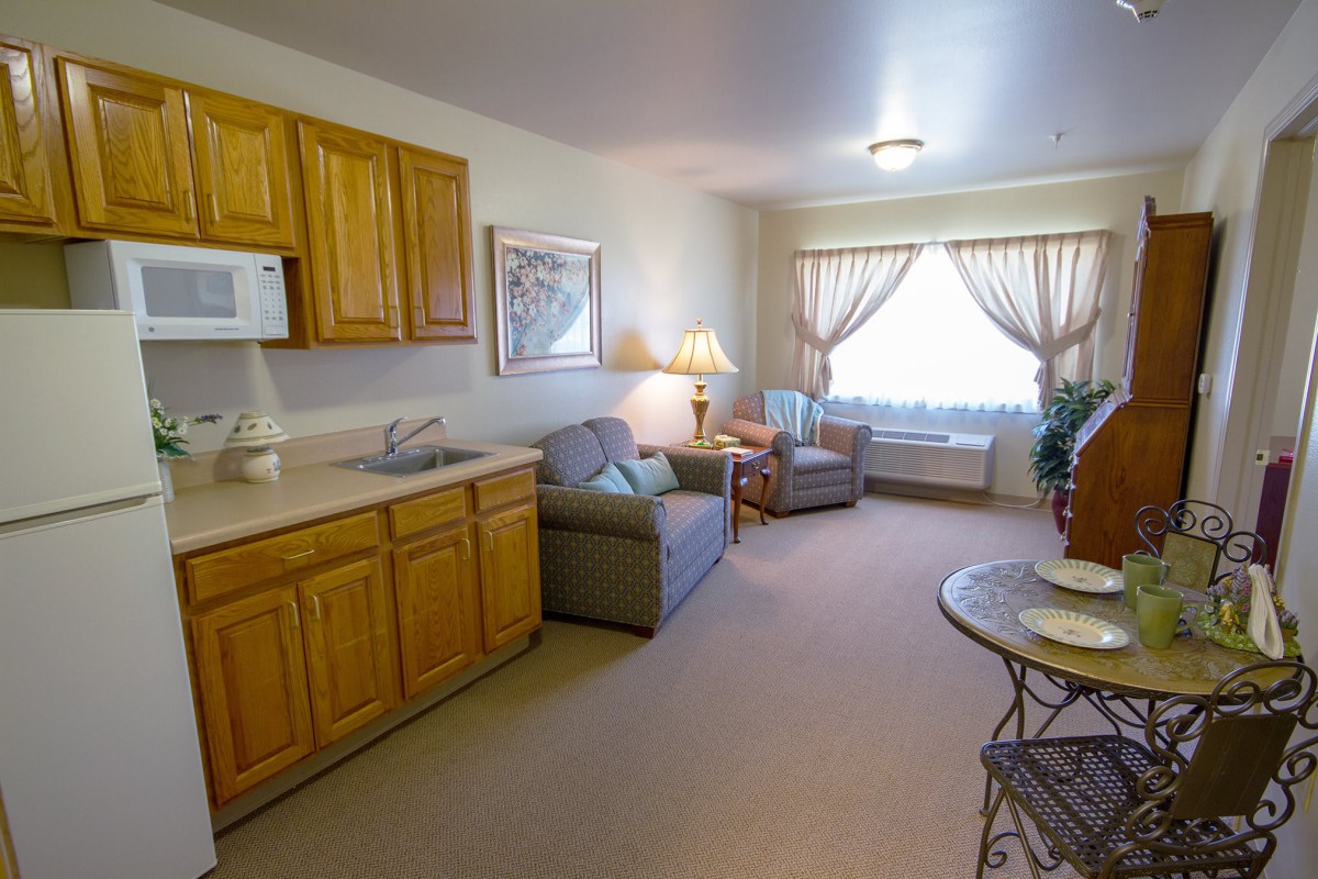 A cozy living space with a kitchenette and comfortable seating, featuring bright natural light.