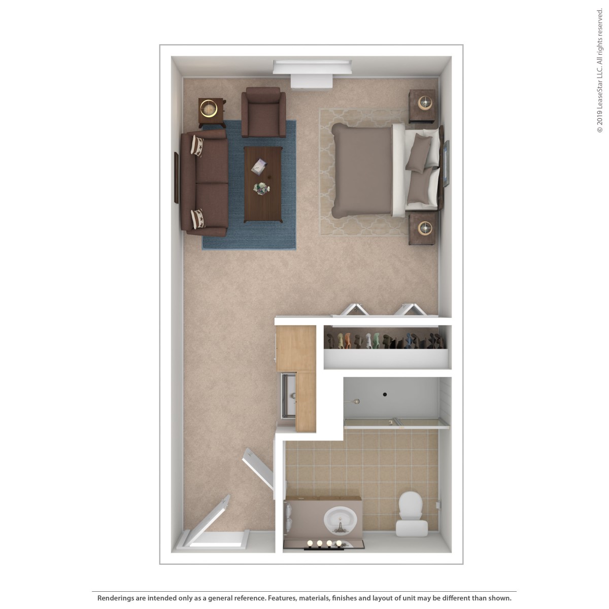 Studio apartment floor plan with a combined living and sleeping area, kitchenette, and bathroom.