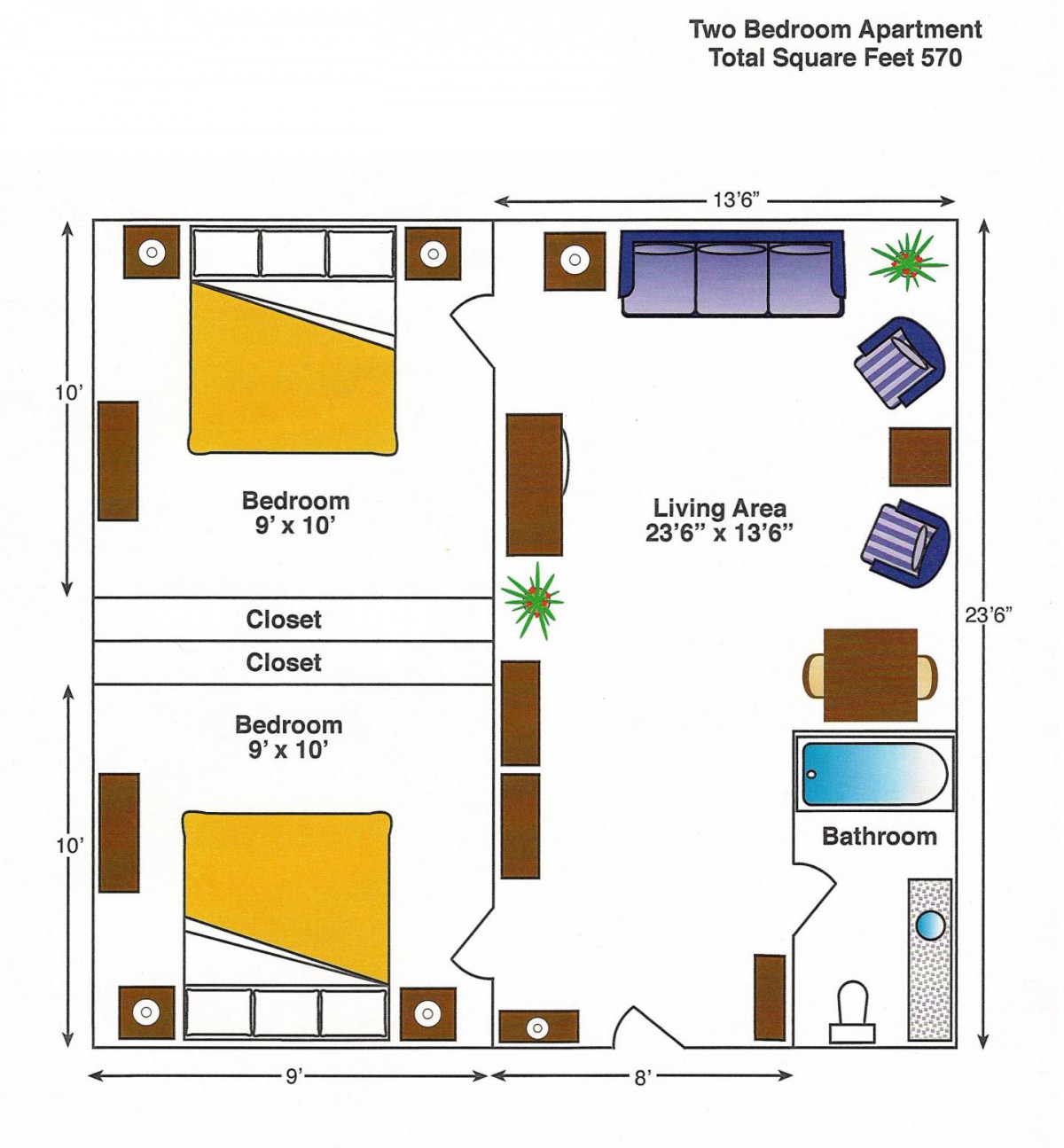 A detailed floor plan of a two-bedroom apartment with a living area and bathroom.