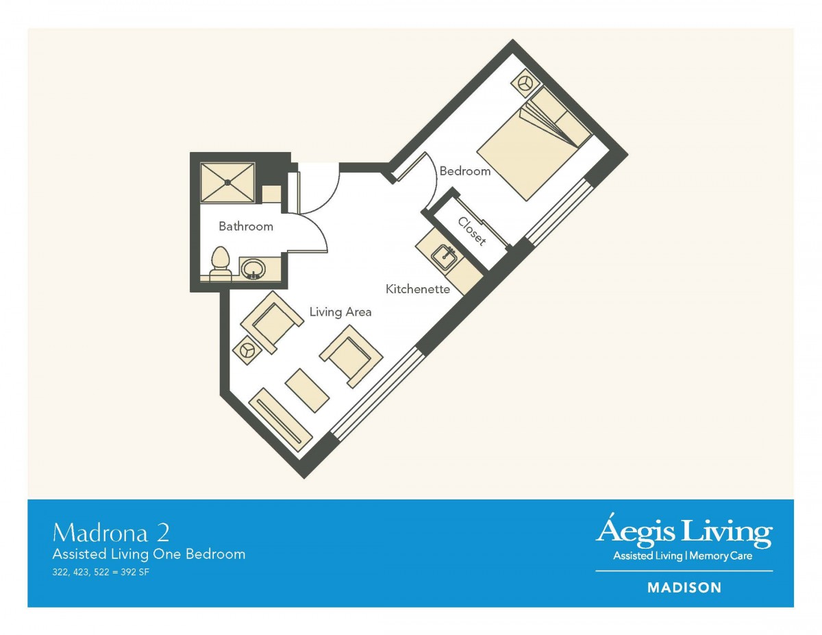 Floor plan of a single-bedroom apartment with living area and bathroom.