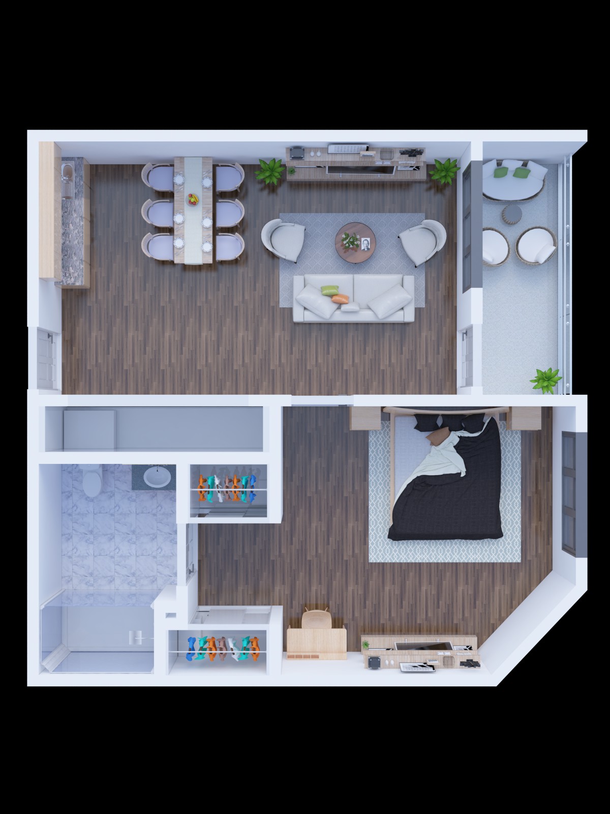 A modern apartment floor plan featuring a living room, dining area, bedroom, and a small balcony.