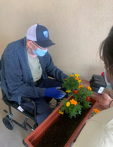An elderly person in a wheelchair tending to flowering plants with the assistance of another individual, all while wearing masks.