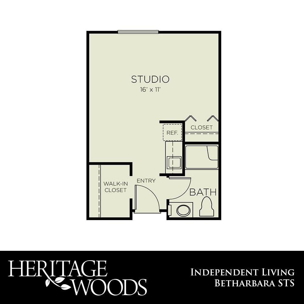 Studio apartment layout for independent living at Heritage Woods.