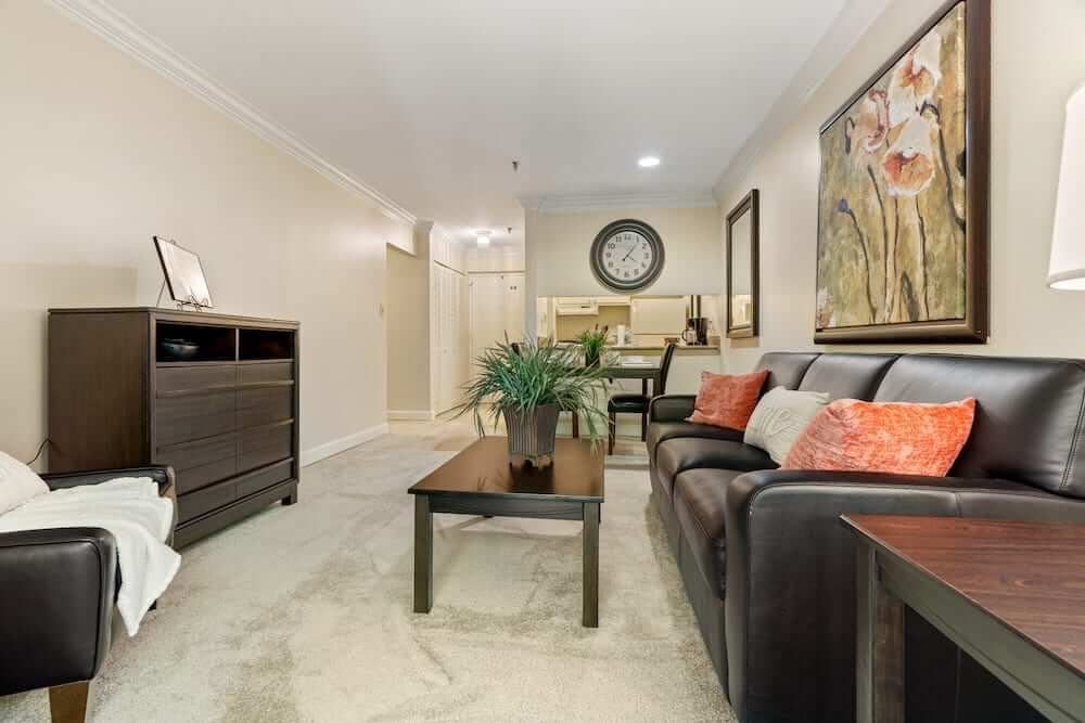 A cozy living room with a comfortable sofa, coffee table, and decorative elements.