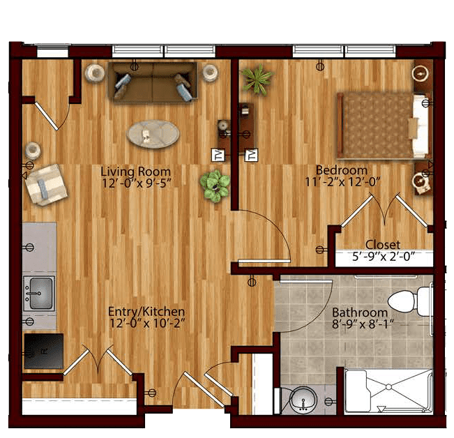 A detailed floor plan showing the layout of an apartment with a living room, kitchen, bedroom, and bathroom.