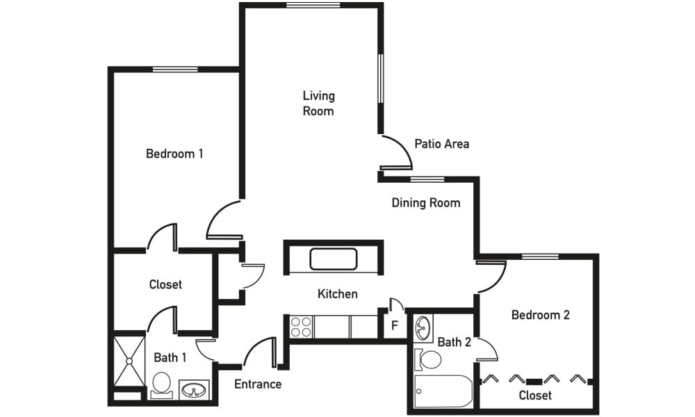 A floor plan of a two-bedroom apartment with kitchen, living room, dining room, and patio area.