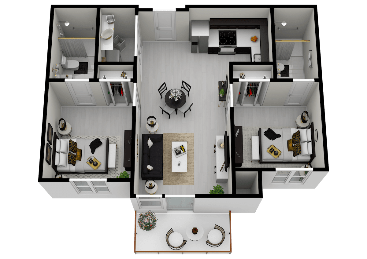 3D floor plan of a modern apartment featuring two bedrooms, a spacious living room, and an open kitchen.