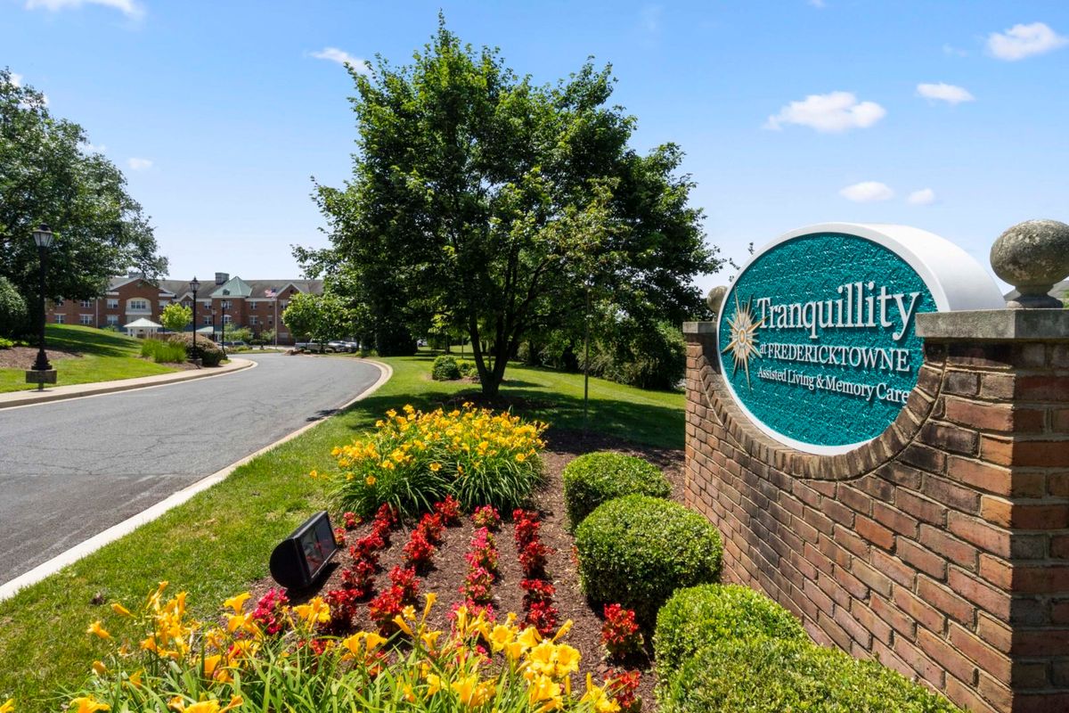 A landscaped entrance with a sign, colorful flowers, and a tree under a clear blue sky.