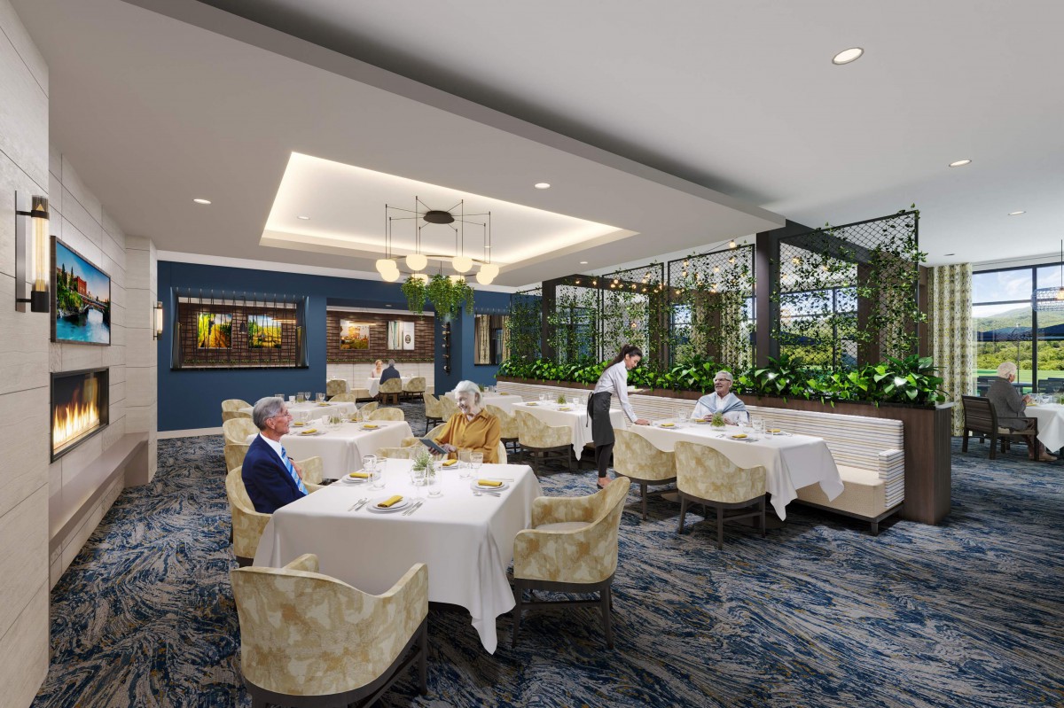 A modern restaurant interior with elegantly set tables, plush seating, and greenery accents.