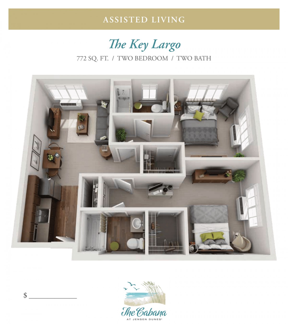 3D floor plan of a two-bedroom apartment named 'The Key Largo'.