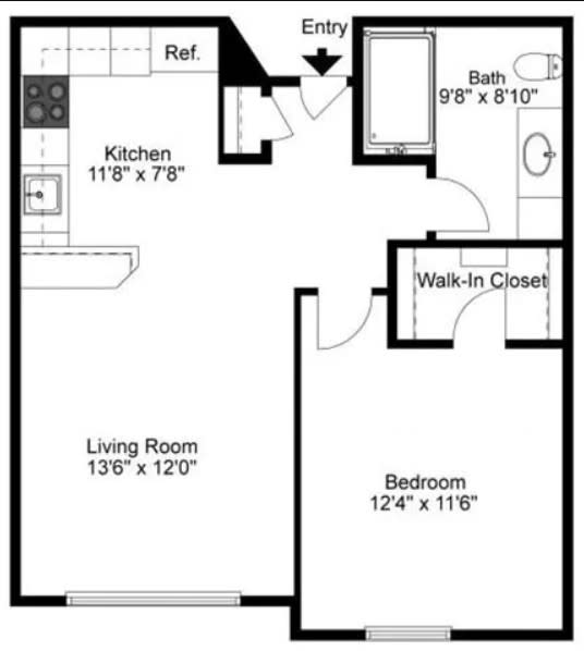 A floor plan of a one-bedroom apartment featuring a kitchen, living room, bathroom, and walk-in closet.