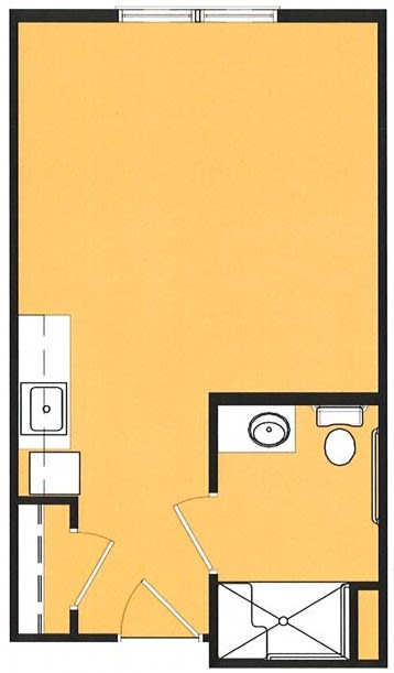 A simple floor plan of a studio apartment featuring a kitchen and bathroom area.