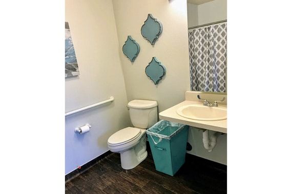 A neatly organized bathroom with decorative wall art and a patterned shower curtain.