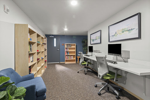 A modern office space featuring computers and bookshelves, designed for productivity and comfort.