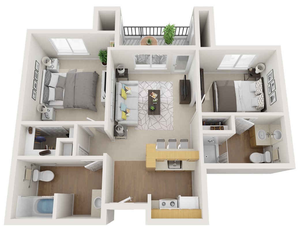 A 3D floor plan layout of a modern two-bedroom apartment.