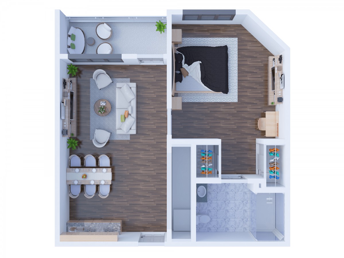 A modern one-bedroom apartment floor plan featuring a living room, kitchen, and bathroom.