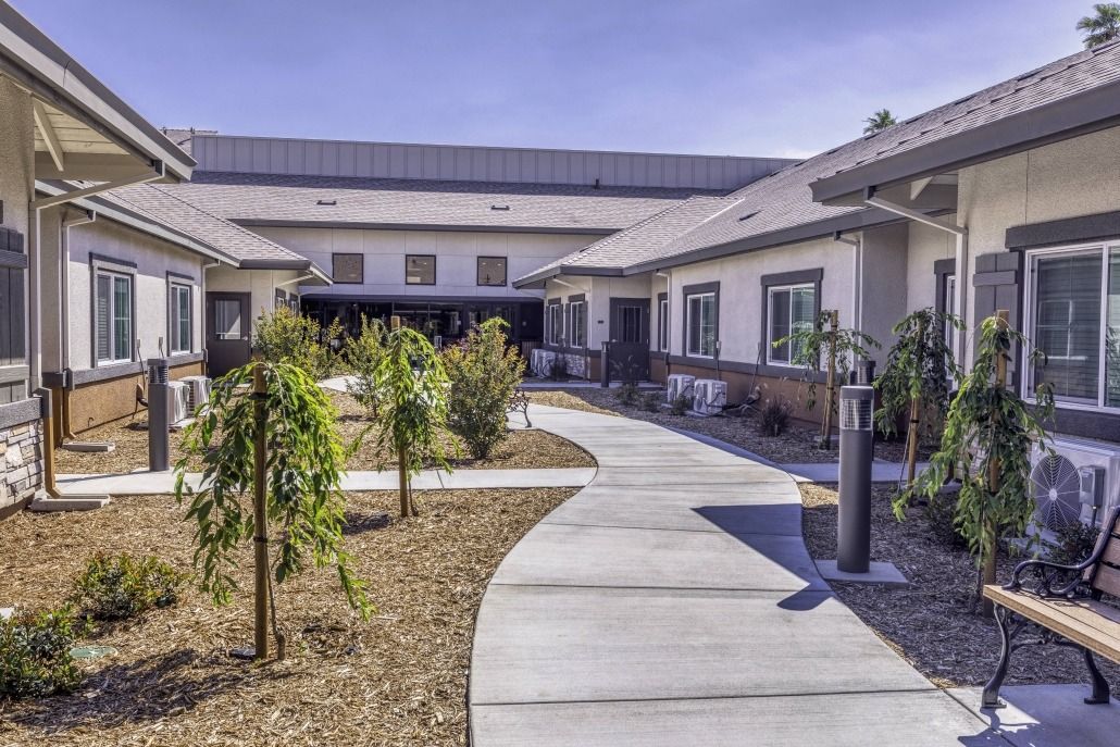 A well-maintained outdoor pathway leading to a modern building surrounded by landscaped gardens.