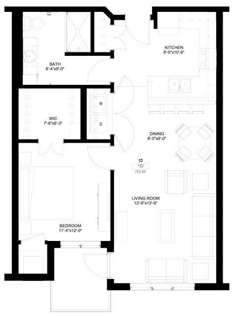 Floor plan of a one-bedroom apartment with kitchen and living area.