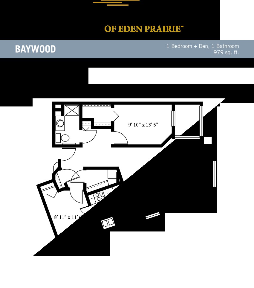 Floor plan of a one-bedroom, one-bathroom apartment layout.