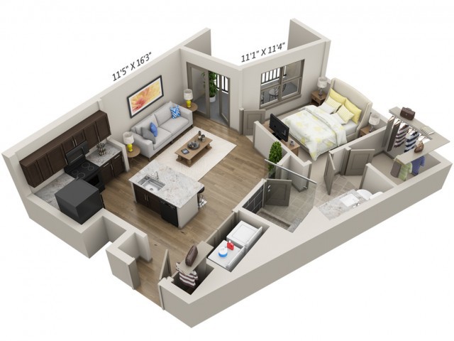 3D rendering of a one-bedroom apartment floor plan, featuring a living room, kitchen, and bedroom.