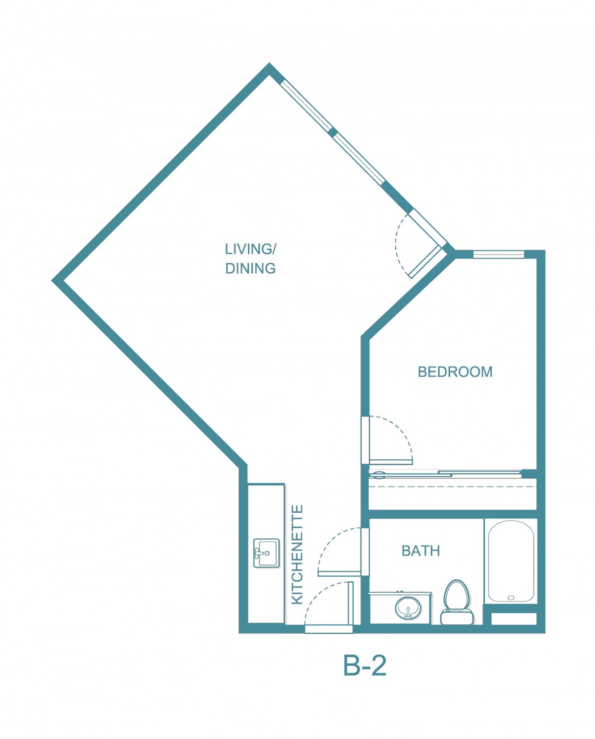 A floor plan of a one-bedroom apartment layout with designated living and bathroom areas.