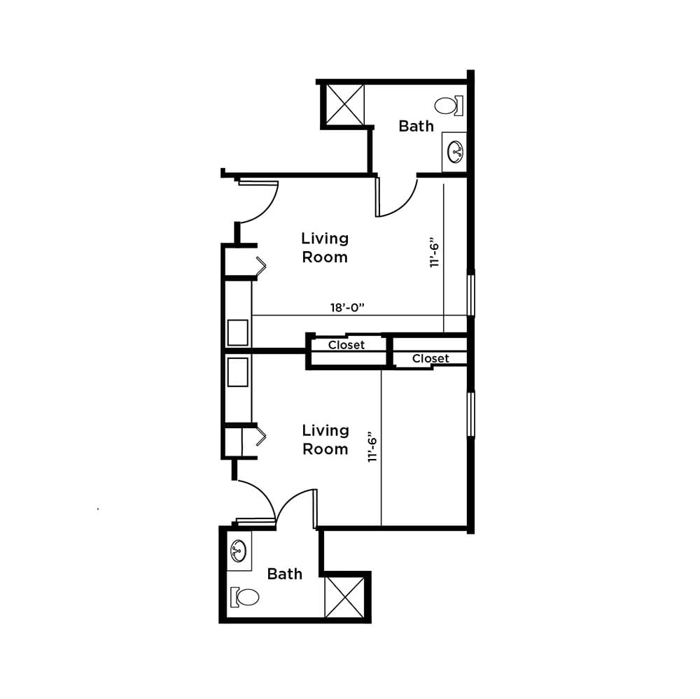 An apartment floor plan layout showing multiple rooms, including living areas and bathrooms.
