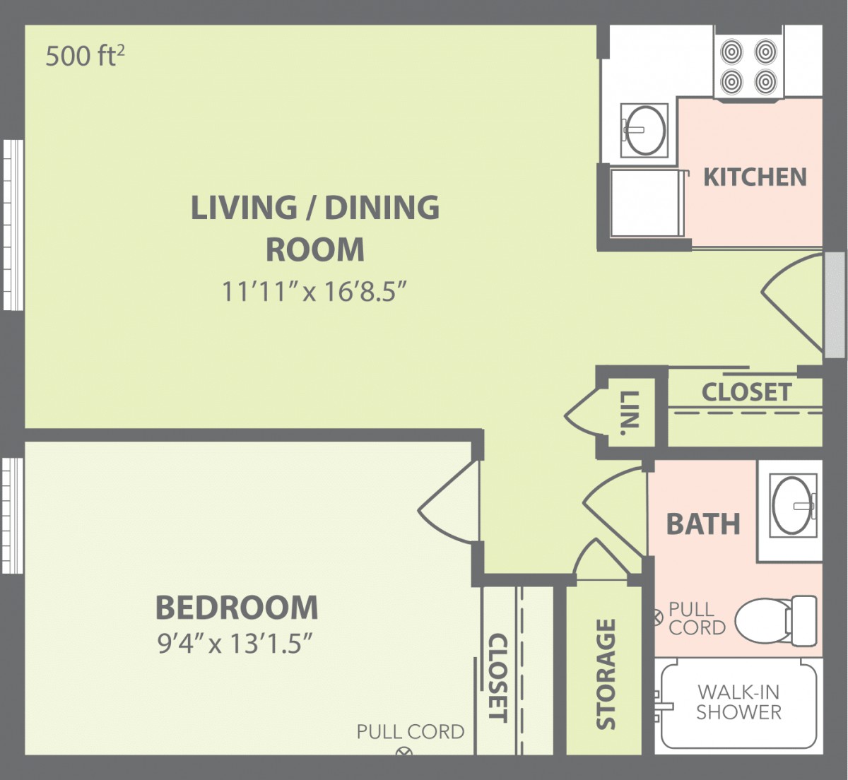 Floor plan of a one-bedroom apartment with a living/dining room, kitchen, bathroom, and closet.