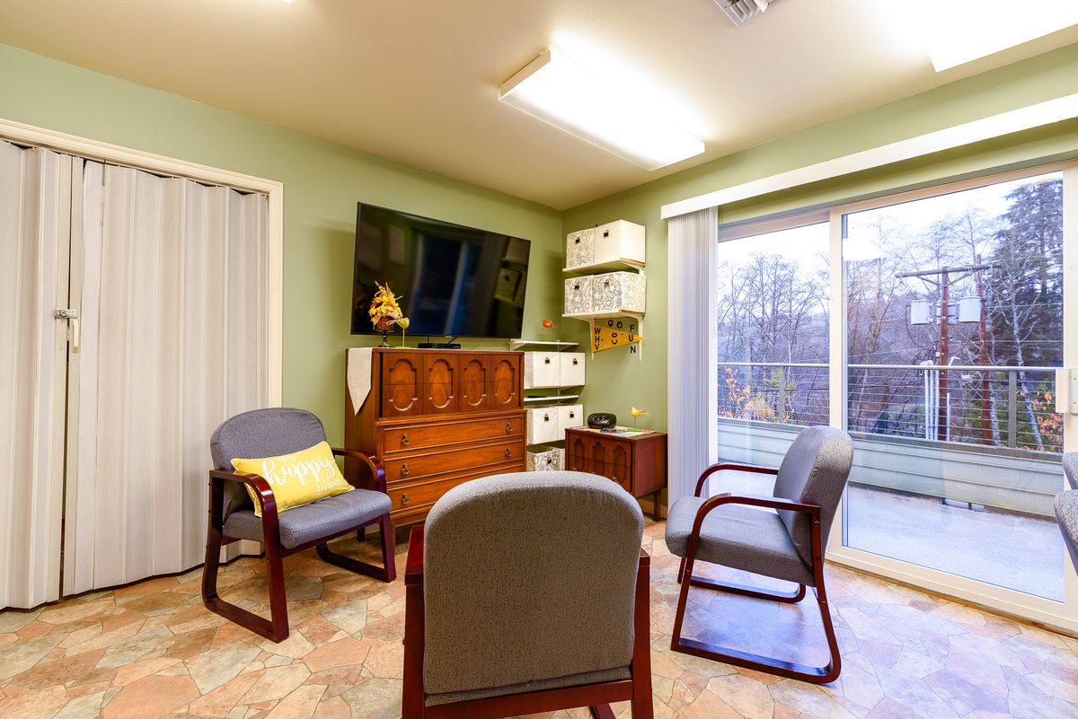 A modern living room with comfortable seating, a large TV, and shelves near a window providing natural light.