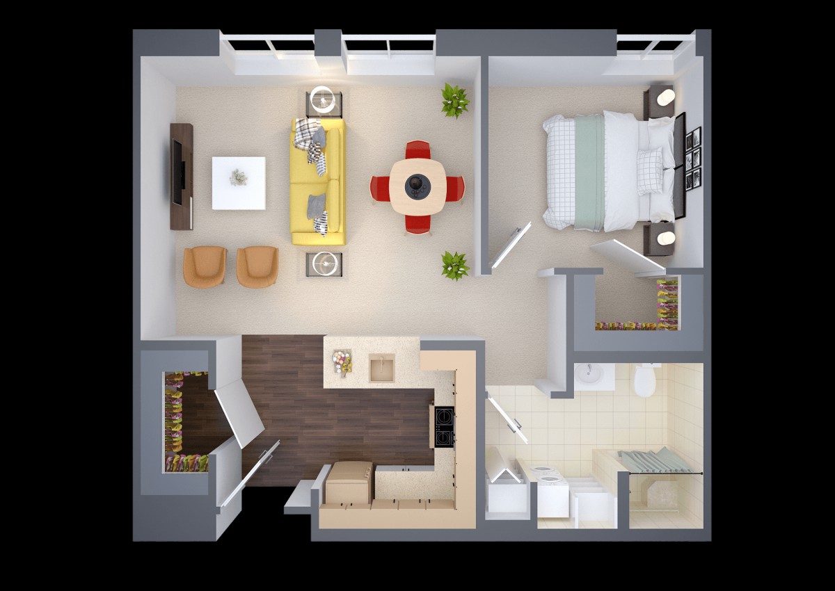A cozy one-bedroom apartment floor plan featuring a combined living and dining area, a modern kitchen, and a compact bathroom.
