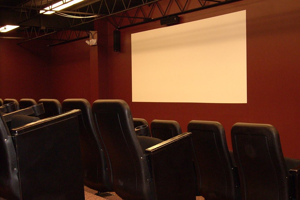 An empty cinema theater with a blank screen and rows of seats.